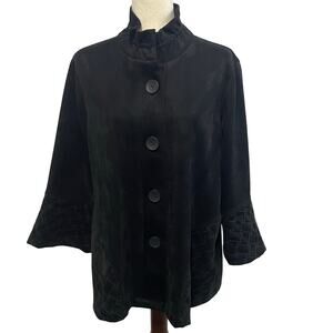 Ali Miles Women’s Faux Suede Leather Button Front Quilted Trim Jacket sz M Black